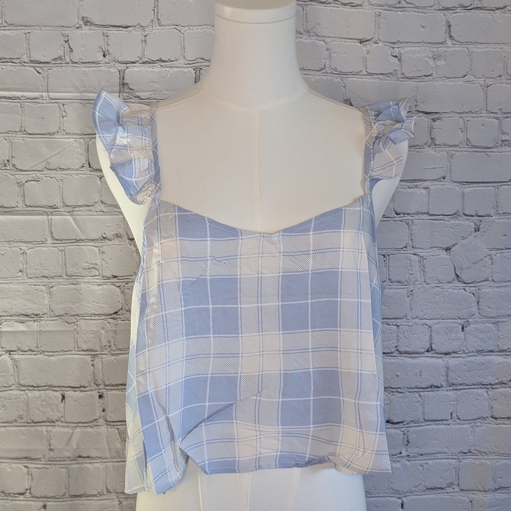 Promesa Light Blue Plaid Ruffle Strap Tank Top Size Large